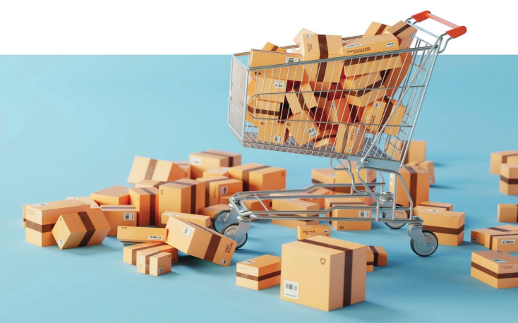 A shopping cart filled with boxes on a blue surface.