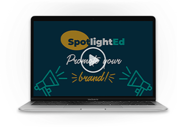 A laptop with a video on the screen that says spotlighted promote your brand