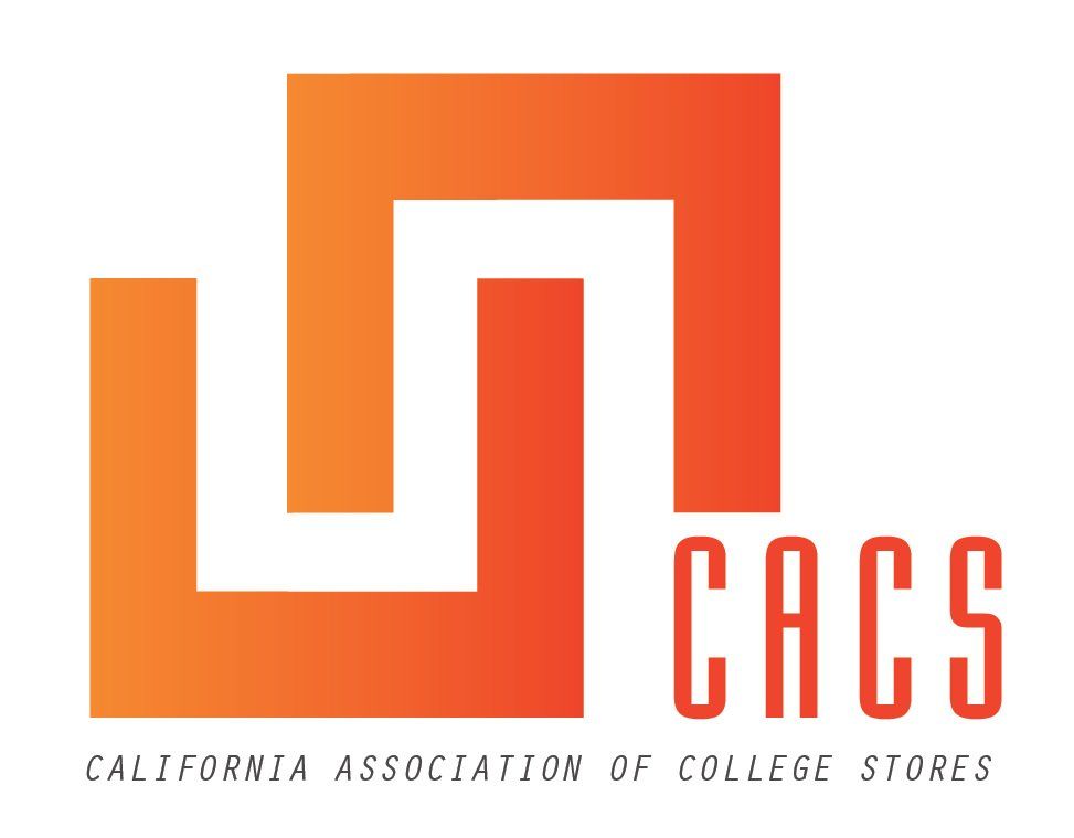 The logo for the california association of college stores is orange and white.