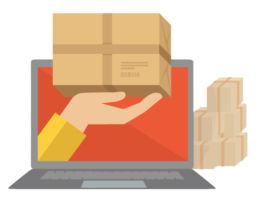 A hand is holding a cardboard box in front of a laptop.