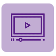 A purple icon of a video player on a purple background.