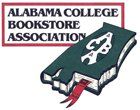 The logo for the alabama college bookstore association shows a book with a red ribbon.