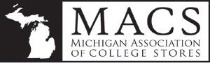 A black and white logo for the michigan association of college stores