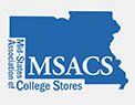 The logo for msacs and college stores is a blue map of iowa.