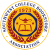 The logo for the southwest college bookstore association shows a book and a laurel wreath.