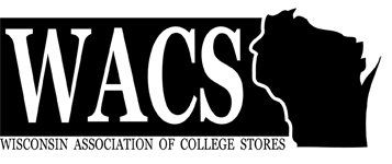 A black and white logo for the wisconsin association of college stores