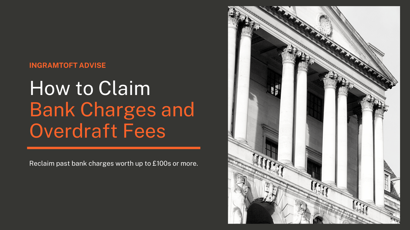 A black and white photo of a building with columns and the words `` how to claim bank charges and overdraft fees ''.