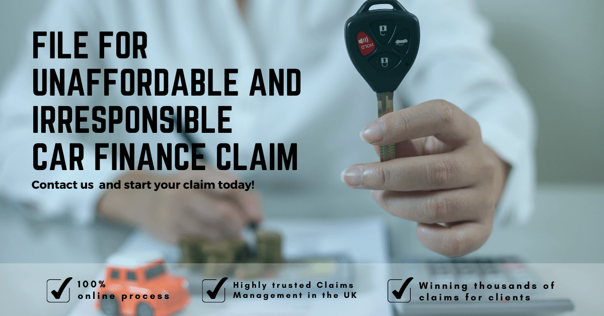 A person is holding a car key in front of a sign that says file for unaffordable and irresponsible car finance claim