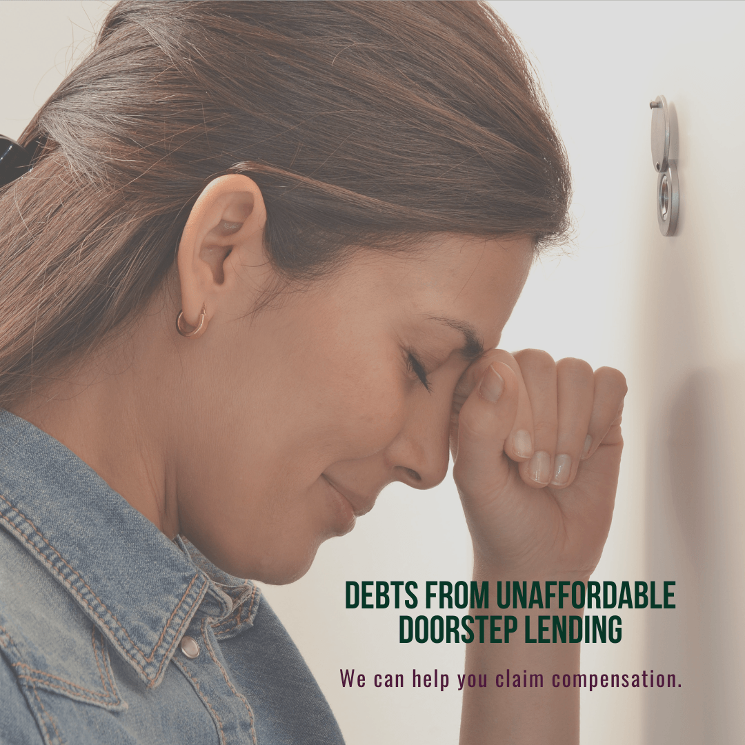 A woman with her hand on her forehead with the words debts from unaffordable doorstep lending below her