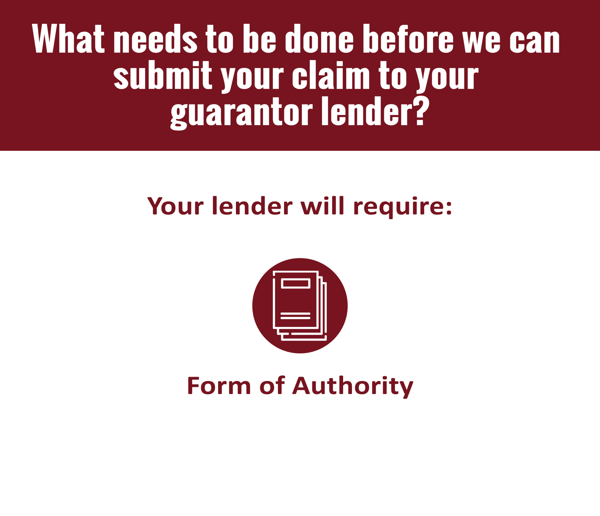 What needs to be done before we can submit your claim to your guarantor lender ? your lender will require : form of authority