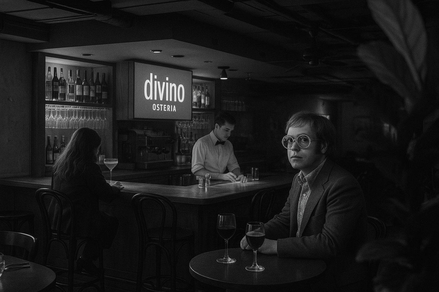 AI-generated photo of Elton sitting at the Divino bar
