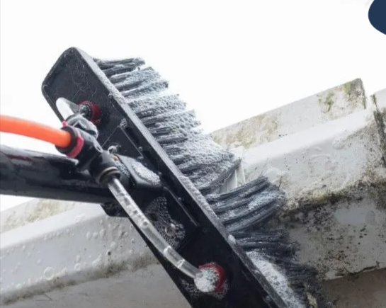 Water-fed pole brush cleaning house gutters