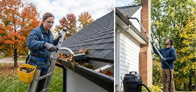 Worker cleaning gutters with brush and vacuum