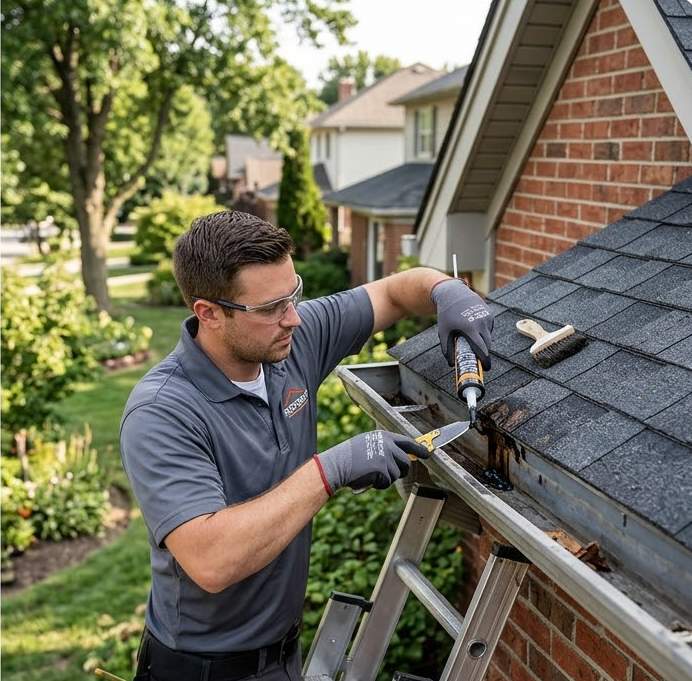 Worker sealing leaky residential roof gutters