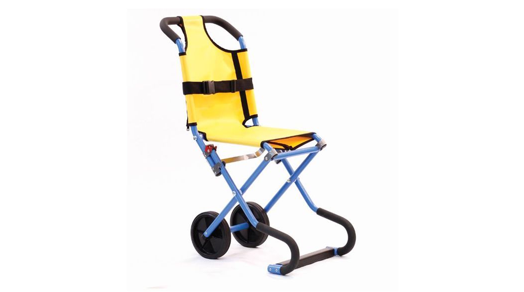 Yellow emergency evacuation chair with black wheels and handles.