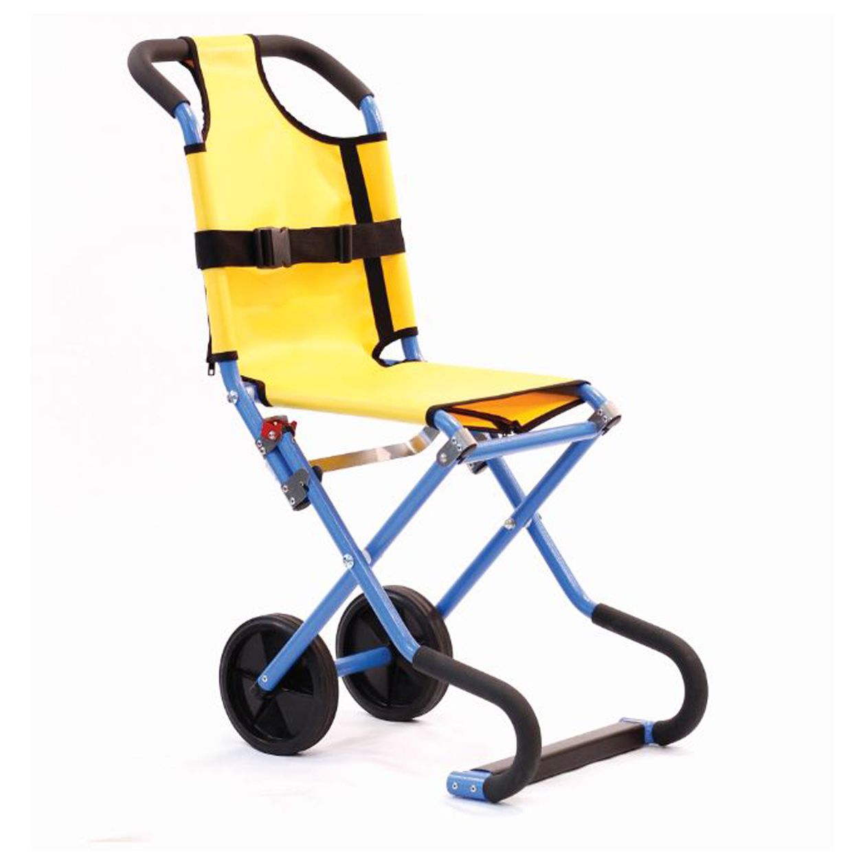 Yellow and blue evacuation chair with black wheels and a safety harness.