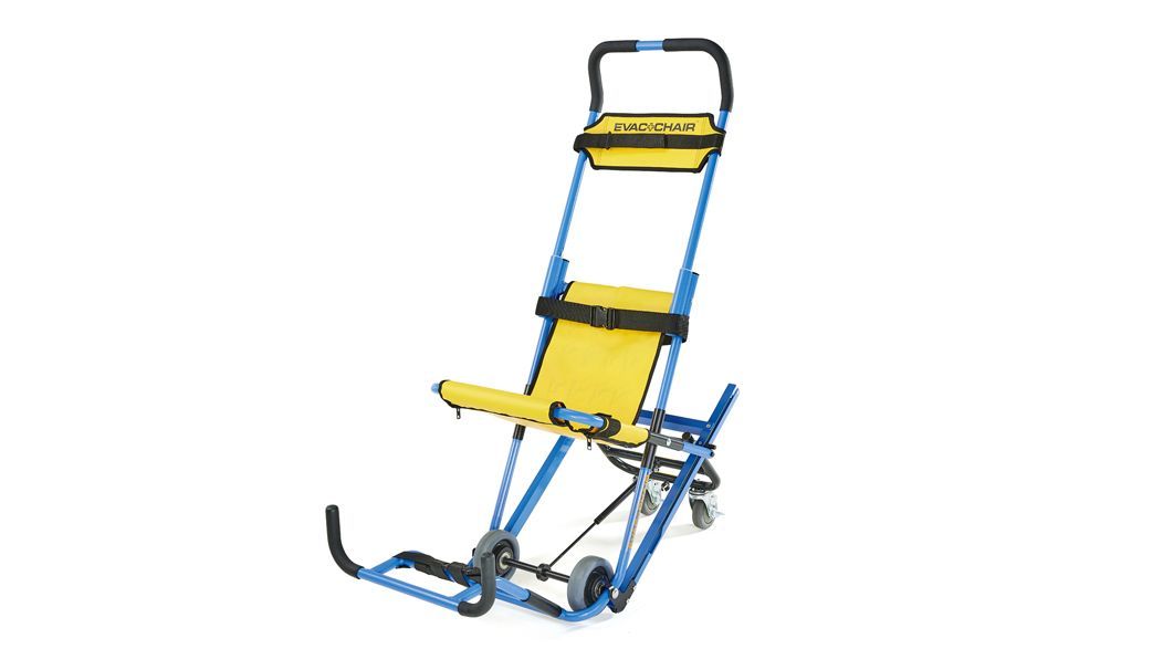 Yellow and blue stair chair for medical emergencies, with wheels and safety straps.