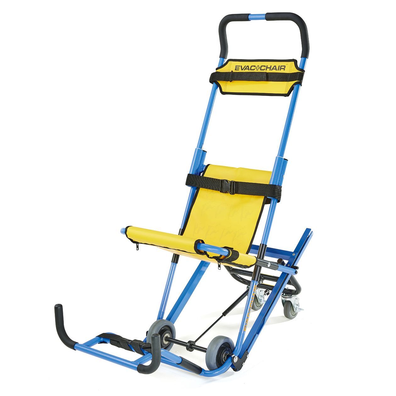 Blue and yellow stair chair with wheels, for transporting a person down stairs.