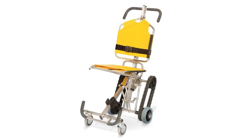 Yellow and silver stair chair for medical emergencies, with tracks for stairs.