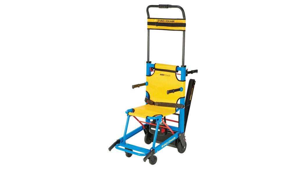 Yellow and blue stair chair used for patient transport.