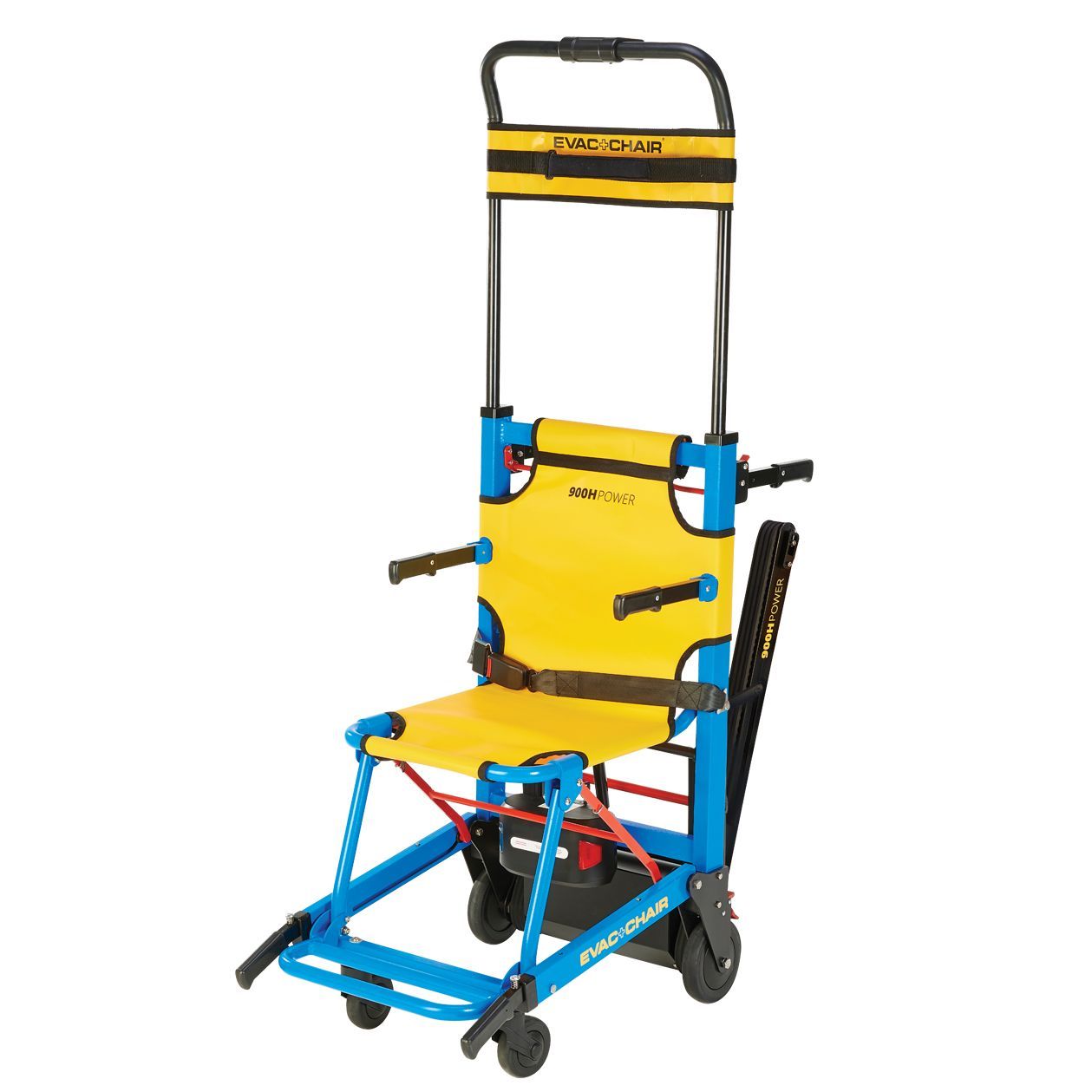 Yellow and blue stair chair for emergency medical transport.
