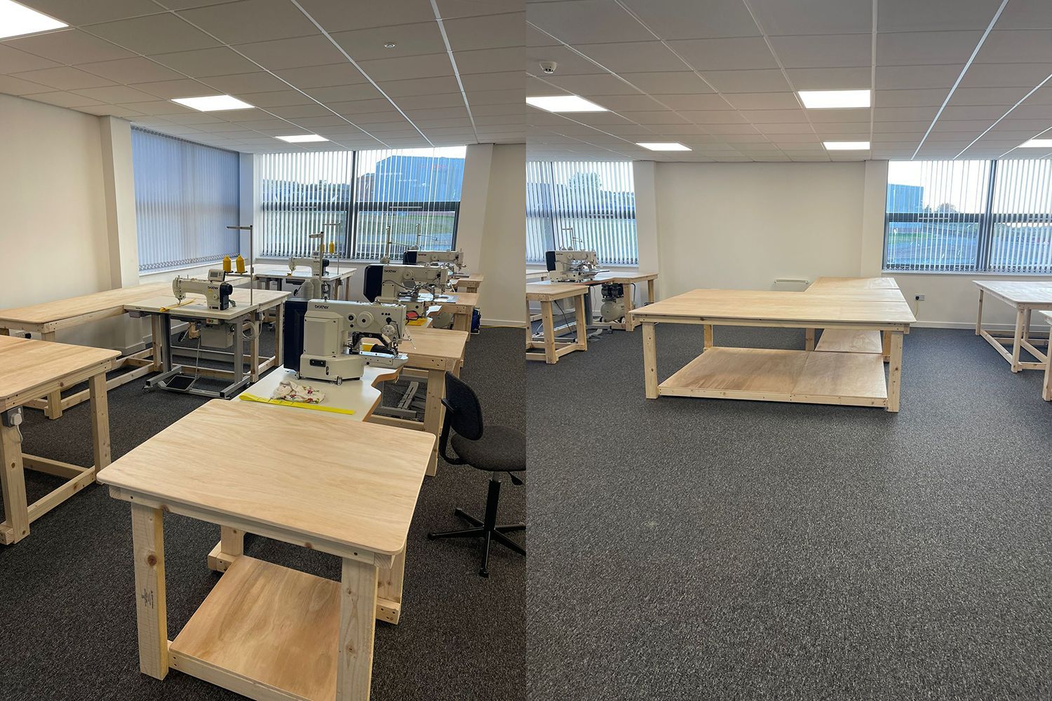 A sewing room with multiple work tables, sewing machines, and windows, with gray carpet.