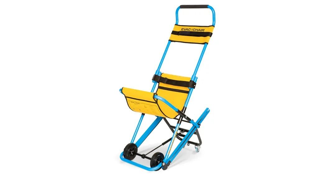 Yellow and blue stair chair used for medical transport, with black hand grips.