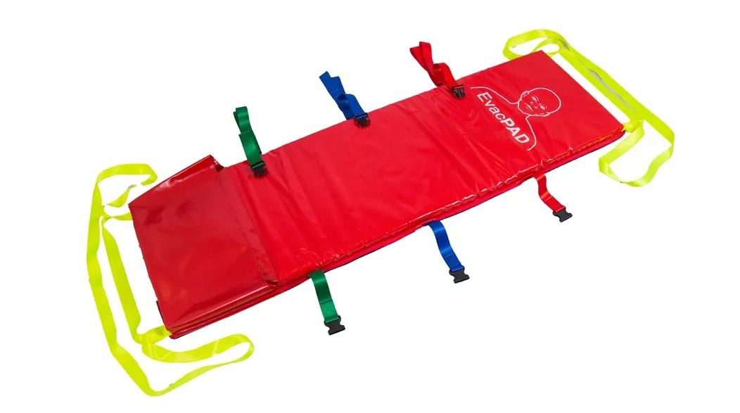 Red rescue sled with straps and buckles, yellow carry straps.