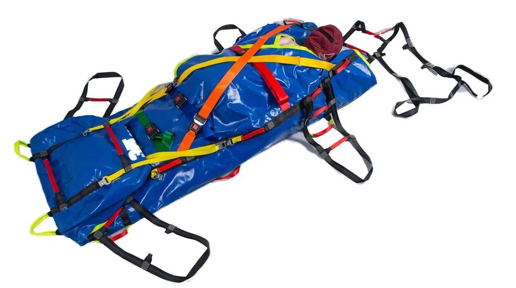 Blue rescue stretcher with a patient secured by straps.