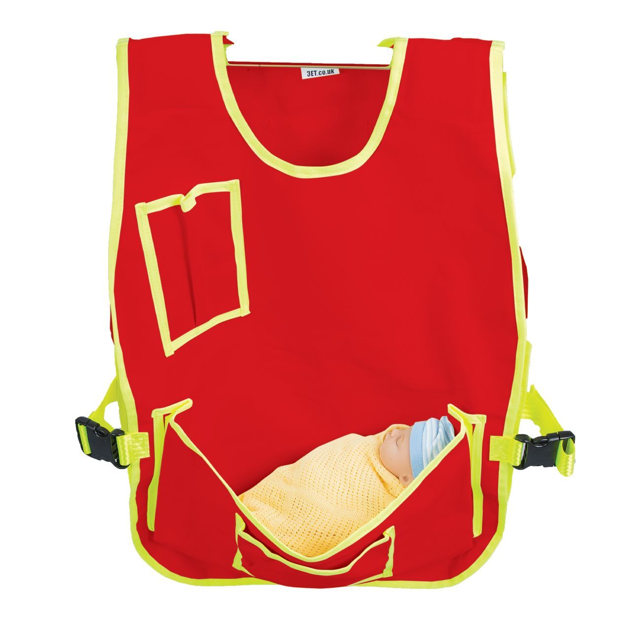 Red vest with neon yellow trim, designed to hold a swaddled baby.