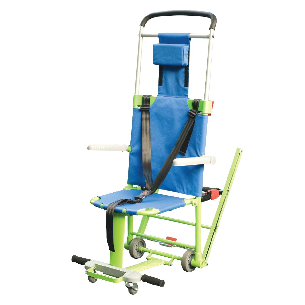 Green and blue stair chair with wheels, designed for transporting individuals down stairs.