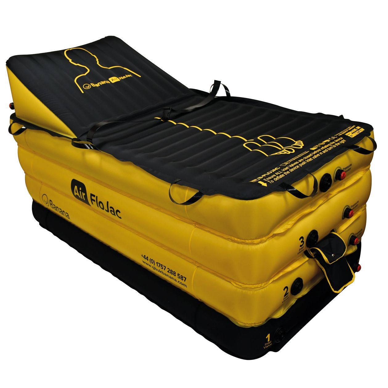 Yellow and black inflatable mattress with raised headrest, possibly for medical use.