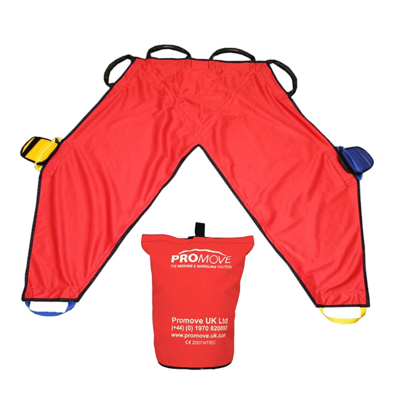 Red patient transfer sheet with carrying handles and a storage bag.