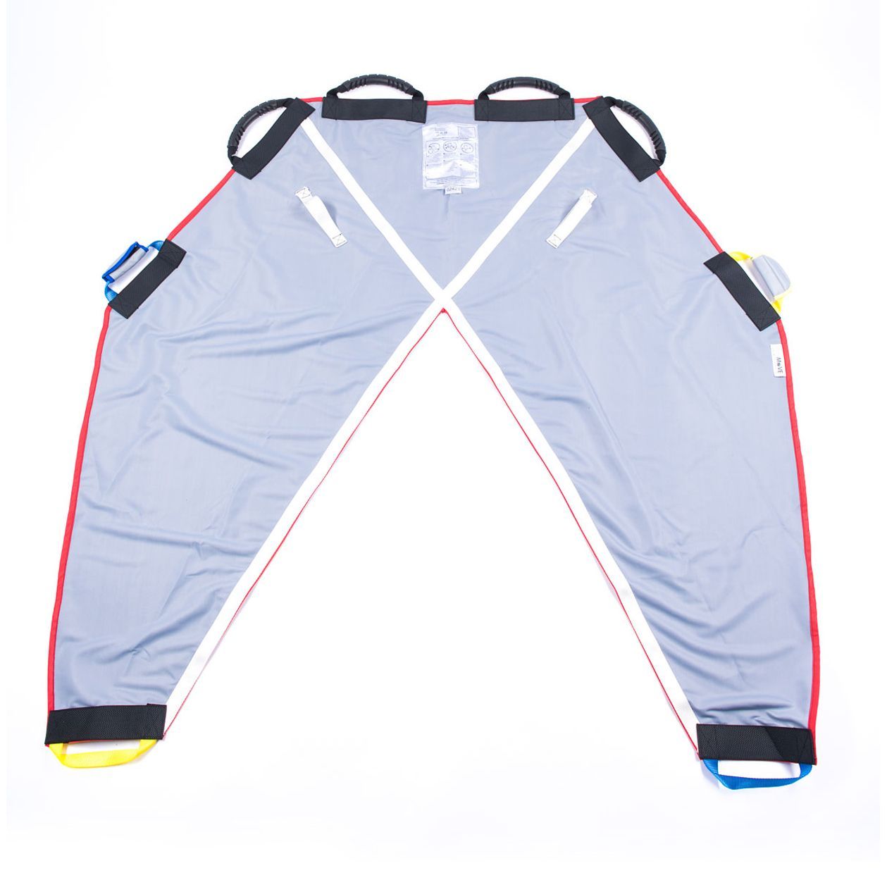 Gray rescue glide sheet with red border, black handles, and colored securing straps.