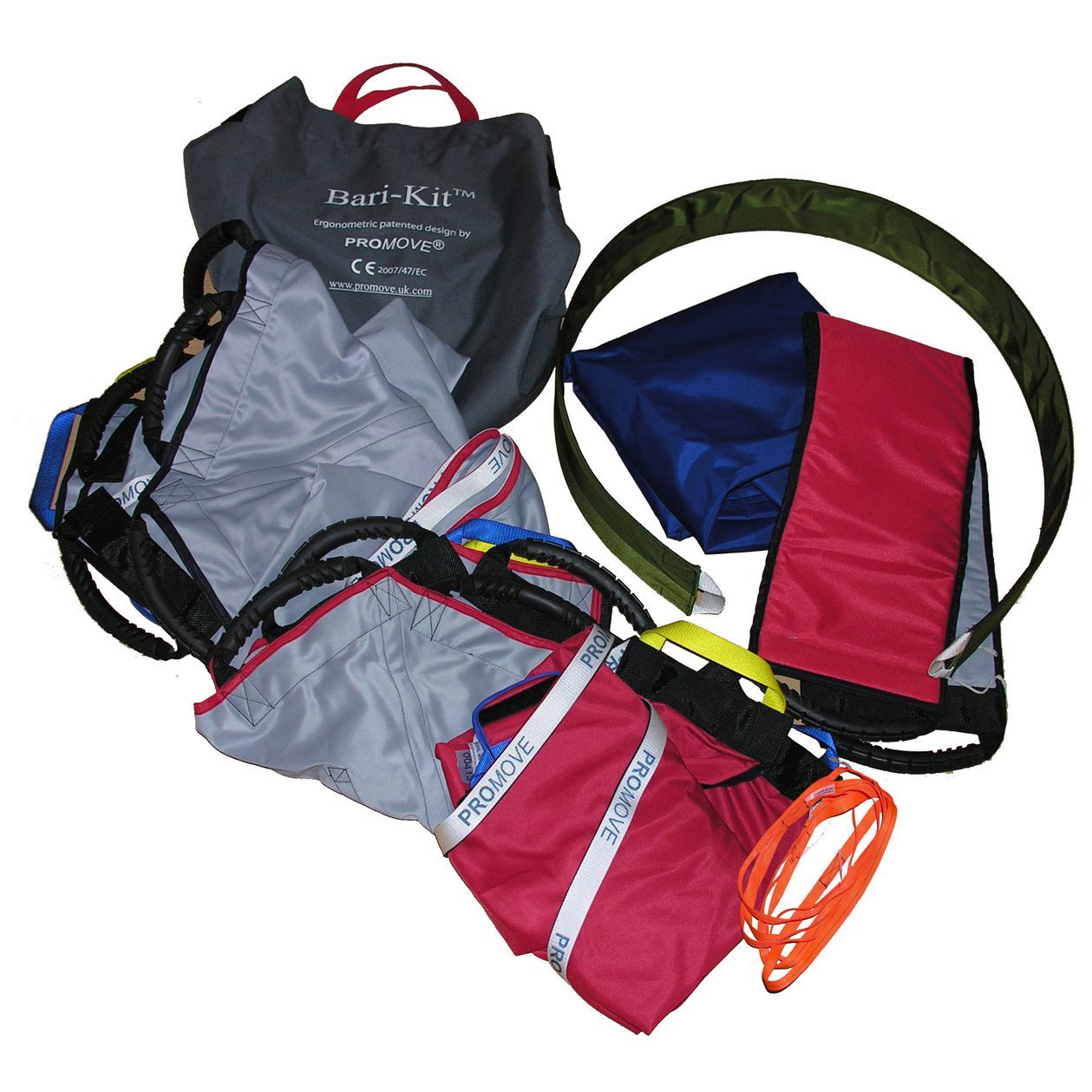 Assorted bags, some with handles, in various colors including gray, red, blue, and black.