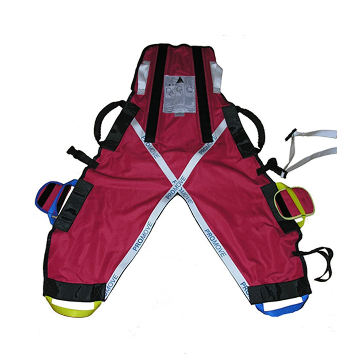 Red rescue device with white straps and multiple handles and pockets.
