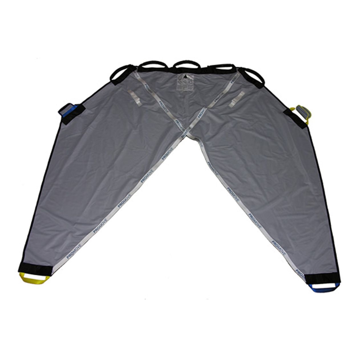 Gray patient transfer sheet with multiple black handles and color-coded straps.