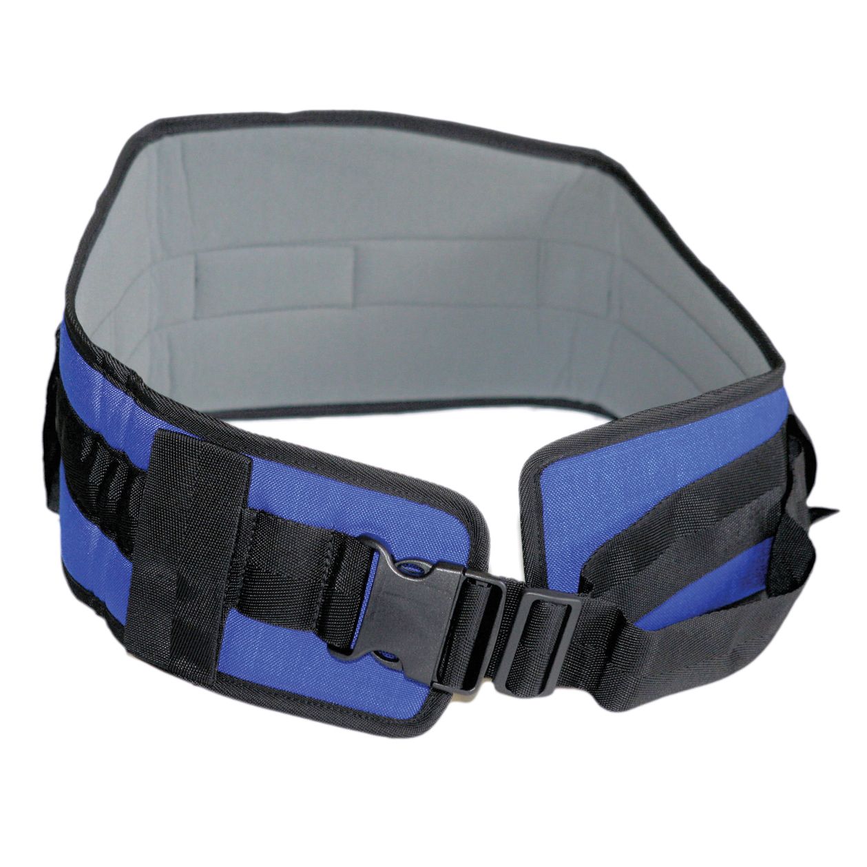 Blue and black weightlifting belt with a plastic buckle.
