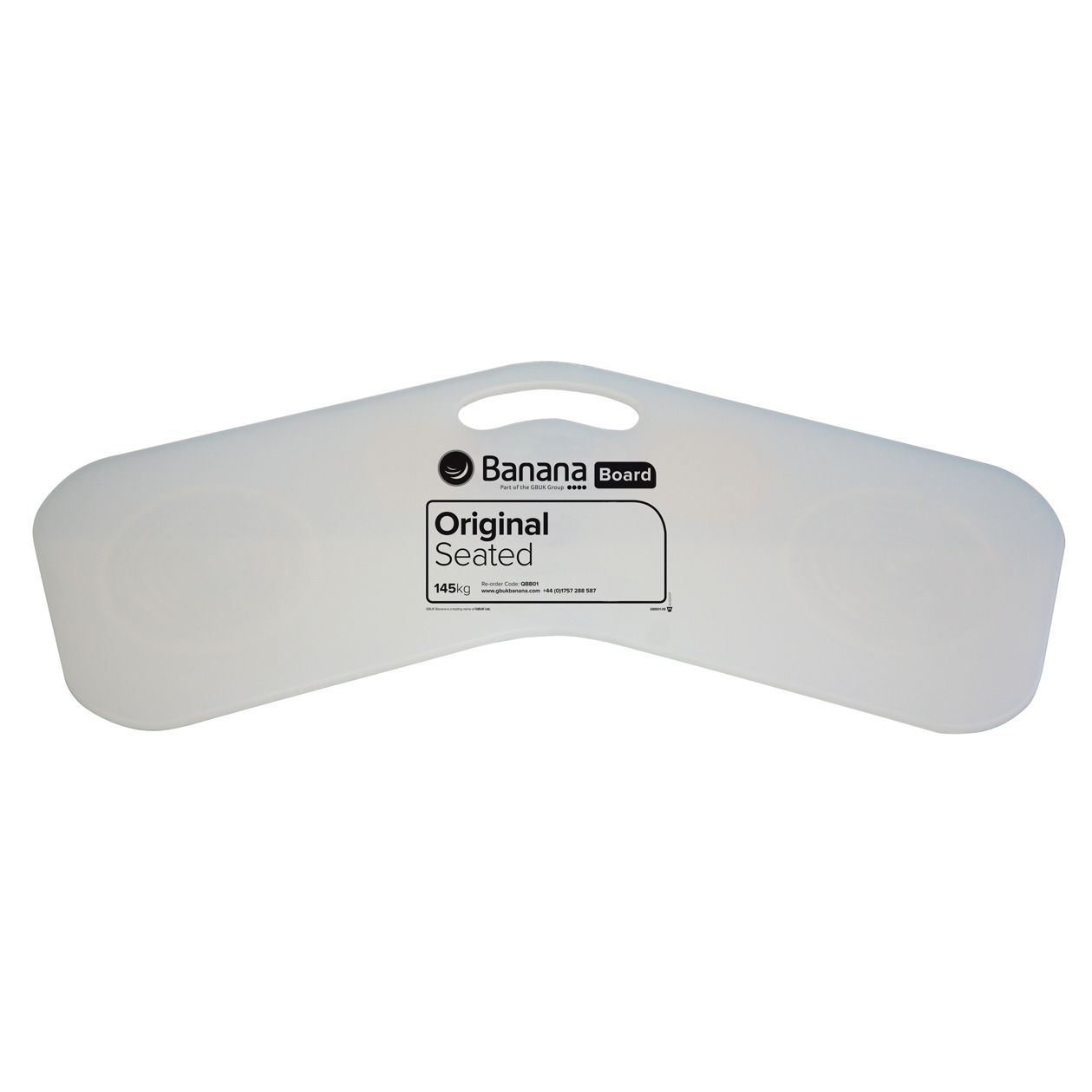 White Banana Seat protector with handle and logo, curved shape.