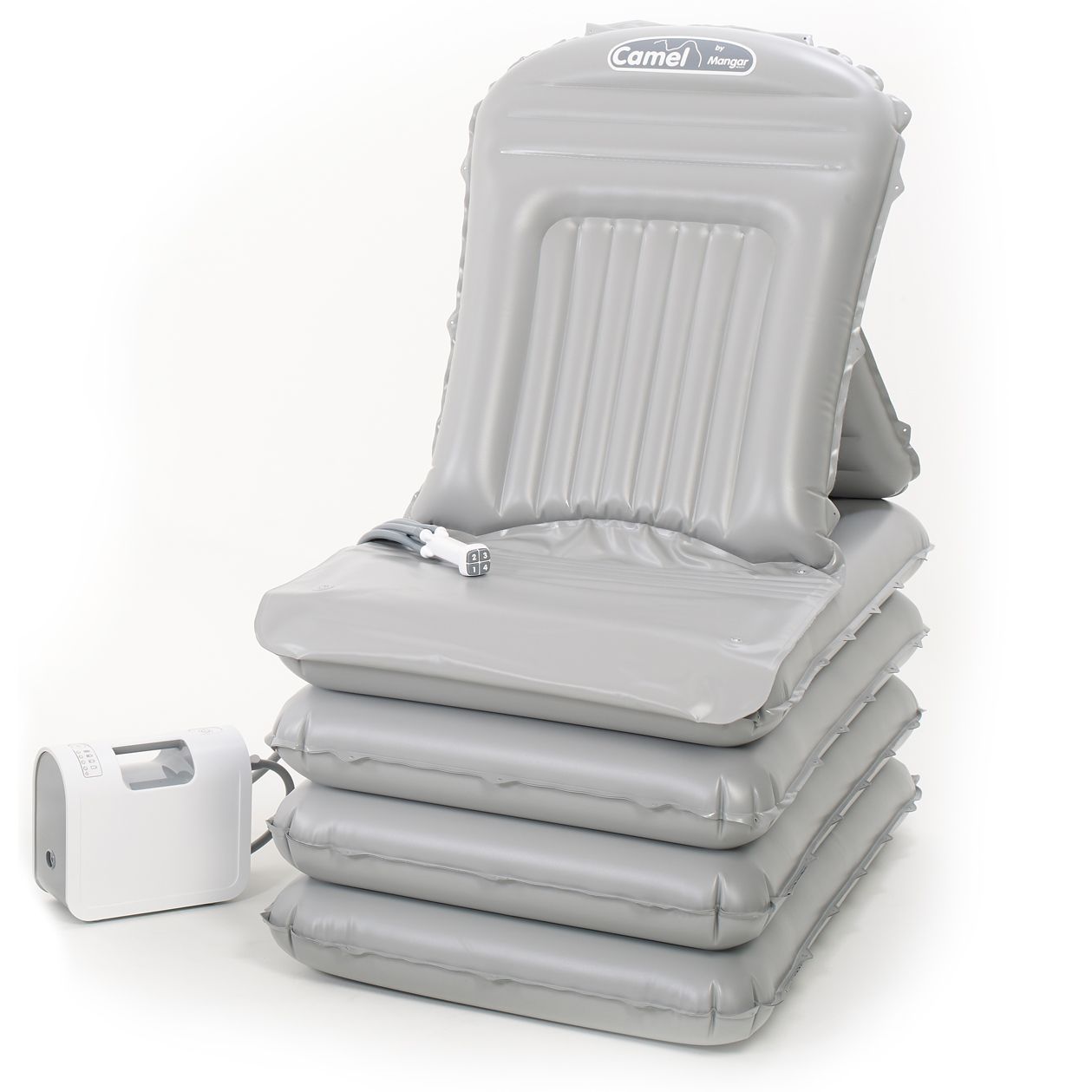 Inflatable gray bath chair with an air pump.