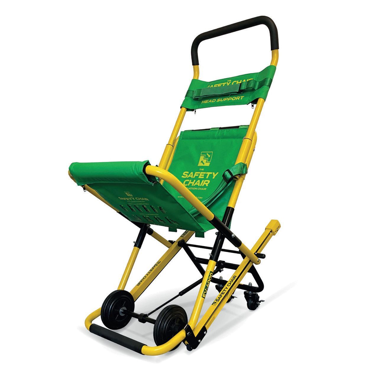 Yellow and green emergency evacuation chair with black handles and wheels.