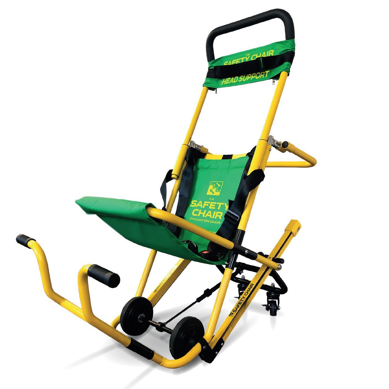 Yellow and green safety evacuation chair with black wheels and handles.