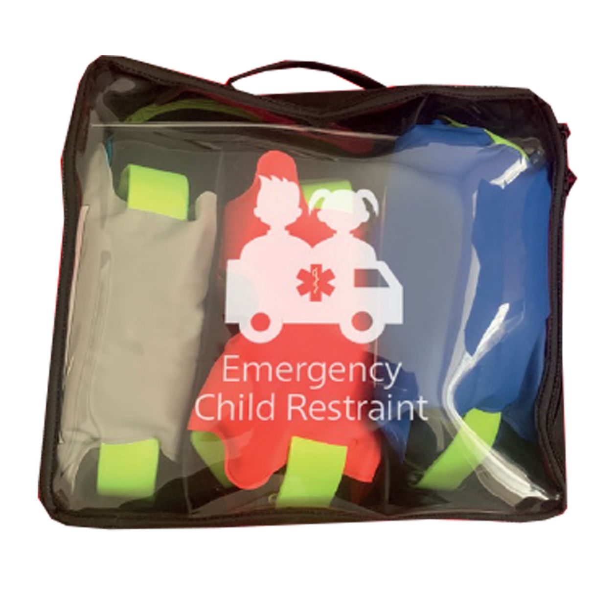 Emergency child restraint kit in black bag with clear plastic window. Contains restraint straps.