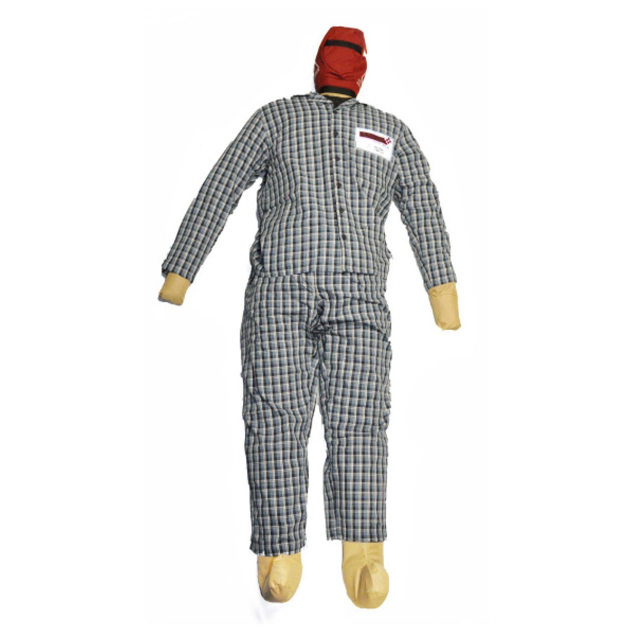 Mannequin in plaid pajamas with a red cap, light-colored hands, and feet. White tag on chest.