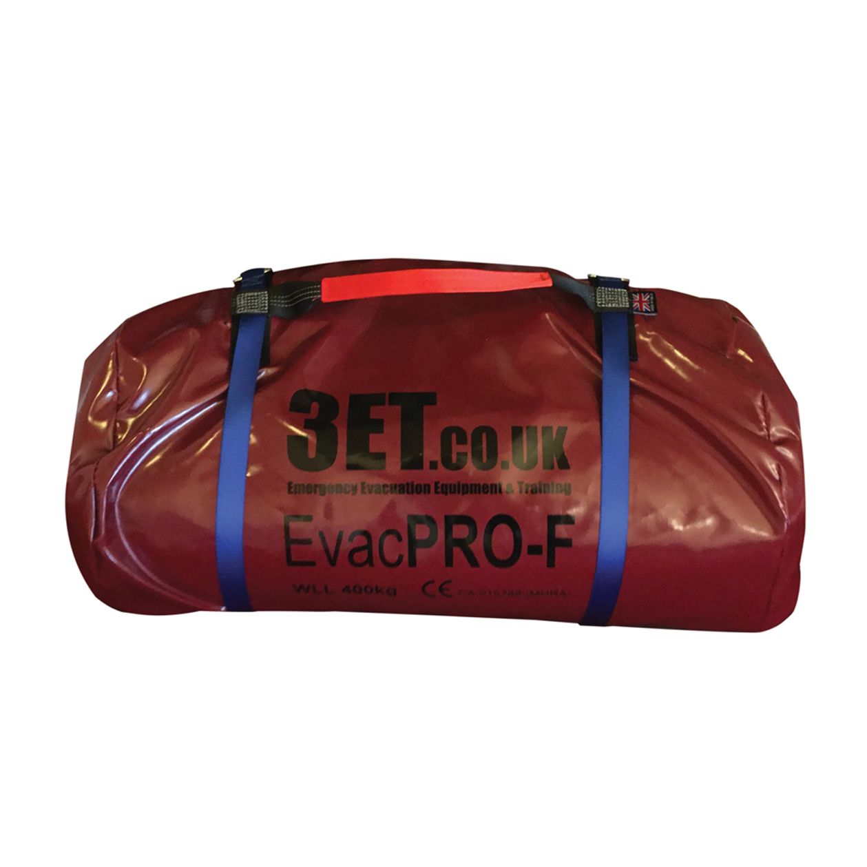 Red EvacPRO-F evacuation bag with blue straps and red handle. Text reads 3ET.co.uk.