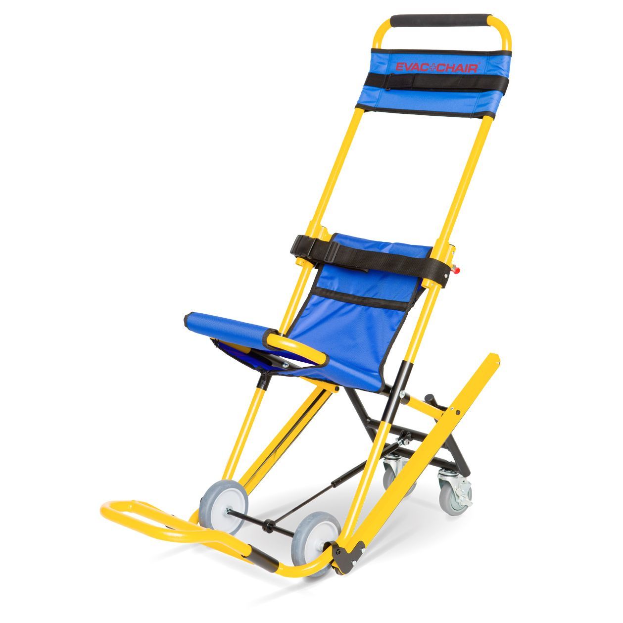 Yellow and blue emergency stair chair with wheels for patient transport.