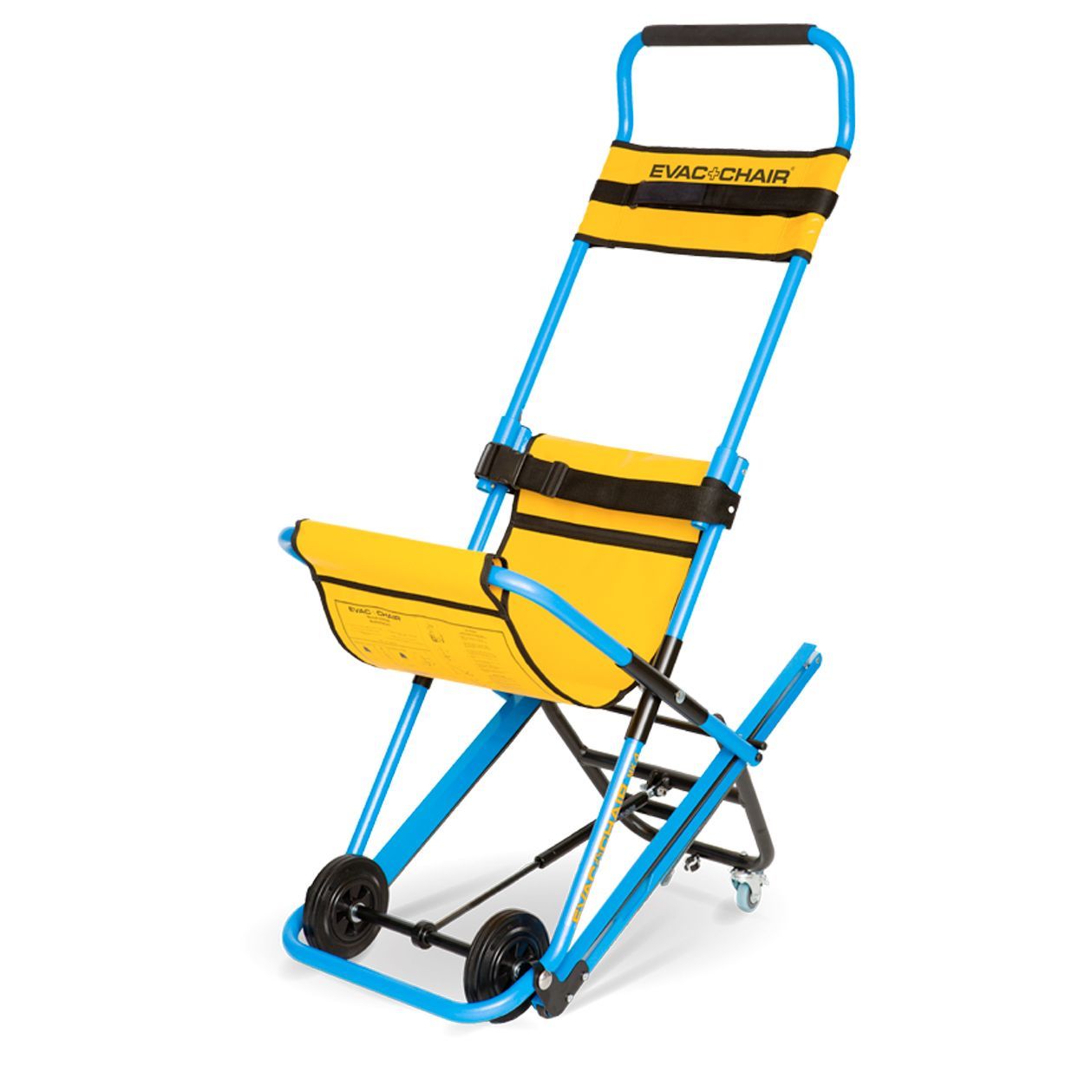 Blue and yellow evacuation chair with wheels for assisting mobility-impaired individuals.