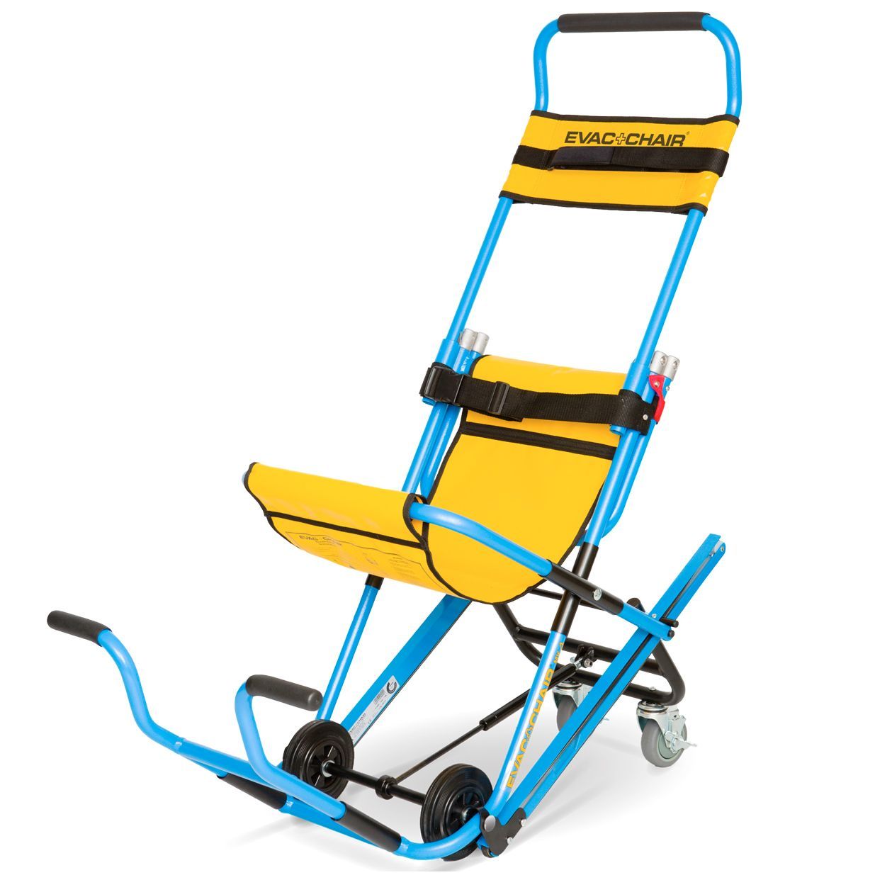 Blue and yellow Evac+Chair for emergency patient transport down stairs.