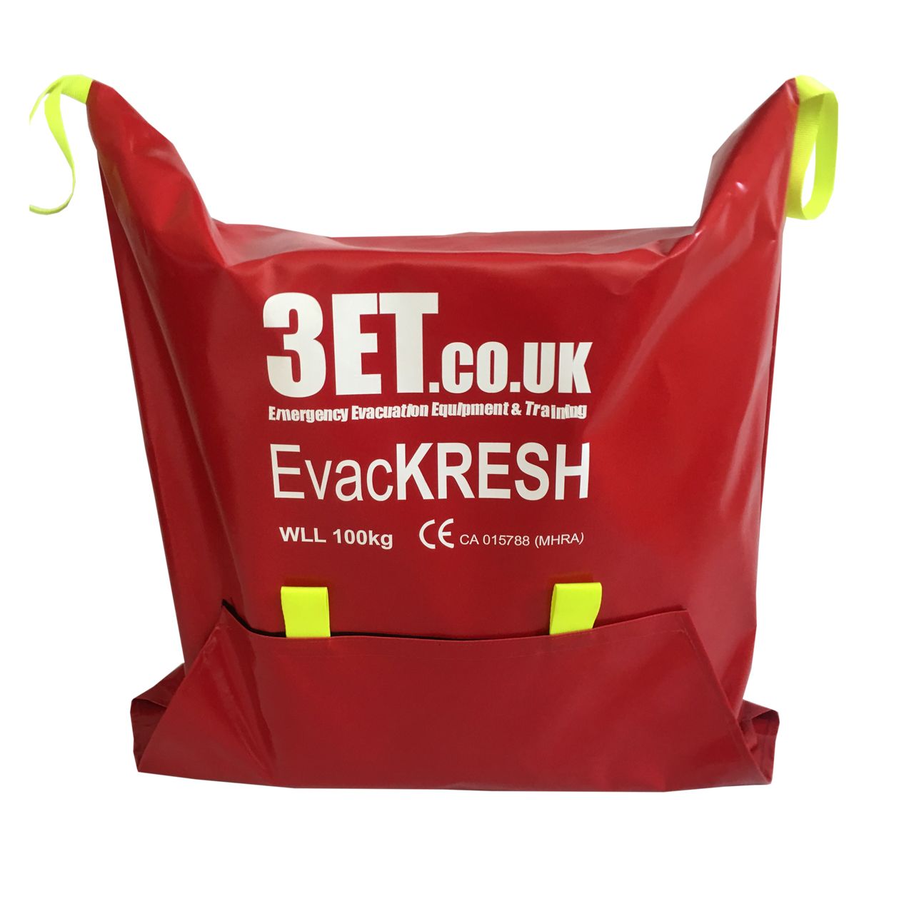 Red EvacKRESH rescue device with yellow handles and straps; white text: 3ET.co.uk and WLL 160kg.