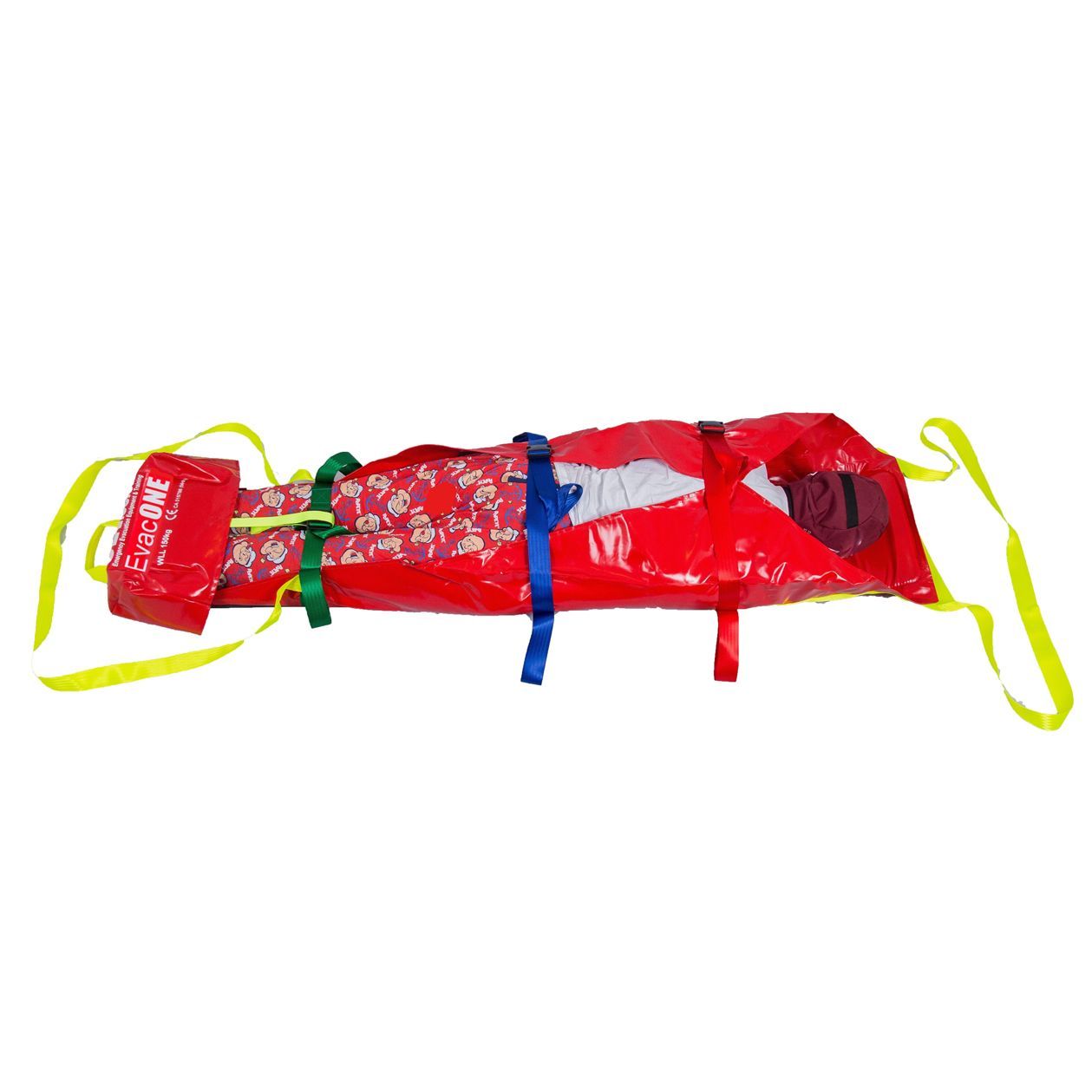 Red body bag with yellow straps, blue and green ribbons, containing what appears to be a person, lying on white surface.